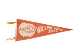 Vintage orange felt pennant with white Willow Grove Park illustration, 11x27 inches.