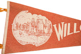 Detail of vintage orange felt pennant, showing cream buildings, river scene, and 'WILL' text.