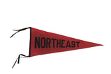 Vintage Northeast High School red felt pennant with black sewn lettering, 11x26 inches.