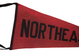 Close-up of vintage red felt flag, black binding and 'NORTHEAS' letters.
