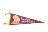 Vintage Tropical Hobbyland Miami Florida felt flag, purple and orange, with man's portrait.