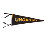 Antique black felt pennant flag for Uncas, N.Y. with yellow sewn lettering and ties.