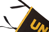 Stitched yellow border and black felt ties on an antique Uncas NY pennant.