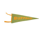 Antique Buffalo NY felt pennant, mustard yellow 'BUFFALO' lettering with ties on lime.