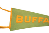 Lime green felt antique flag with mustard yellow 'BUFFA' letters and yellow edge binding.
