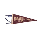 Vintage Palatine Lake Park NJ felt flag in dark red with cream lettering and blue ties, 5x11 inches.