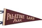 Angled view of vintage Palatine Lake Park felt pennant, maroon with cream lettering.