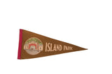 Vintage brown felt Island Park Casino pennant flag with multicolor printed scene.
