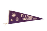 Vintage 1940s purple felt Delaware Township High pennant flag, lion emblem, attached pin, 11x29.