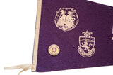 Vintage purple felt flag close-up, lion pin and Delaware Township High School crest.