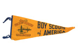 Vintage Boy Scouts of America yellow felt flag with blue text, campsite illustration.