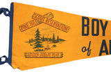 Yellow felt flag displaying Pine Hill camp scene and Reservation text.