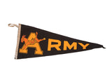 Vintage black felt Army West Point flag, orange 'ARMY' text with jumping donkey.