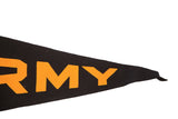 Vintage Army felt flag, close-up of orange 'RMY' lettering on black, showing print wear.