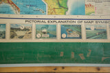 Map's pictorial symbols for transportation and infrastructure, with a distressed green bottom edge.