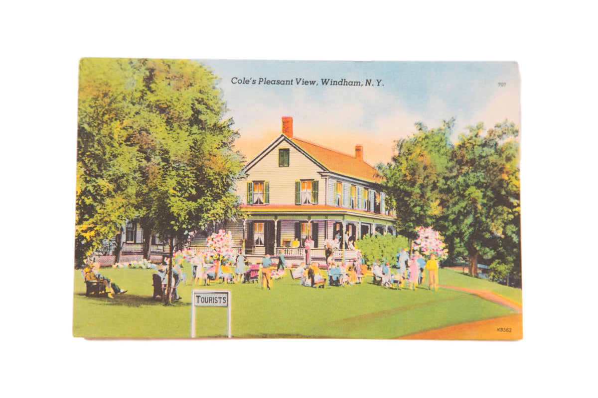 Vintage Cole's Pleasant View postcard showing a colorful house, green lawn, and tourists.