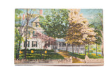 Vintage postcard showing Elizabeth House in Leeds, NY, with colorful trees and yellow chairs.