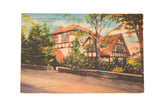 Vintage postcard of the Tudor-style library in Tannersville, NY, surrounded by trees and flowers.