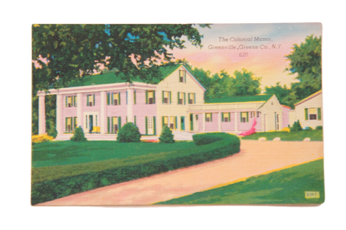 Vintage postcard with a color illustration of the pink Colonial Manor in Greenville, New York.