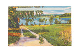 Vintage Catskills postcard depicting a winding path along a lakeside with lush green trees.