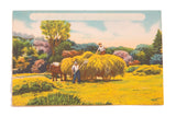 Vintage Catskills postcard of farmers with a horse-drawn hay cart in a colorful landscape.
