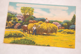 Angled shot of the vintage Colourpicture postcard of farmers in the Catskills.