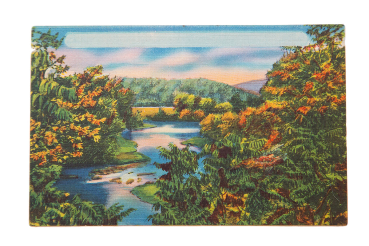 Vintage Catskills NY 1940s postcard showing winding river, autumn trees, and mountains.