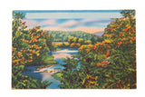 Vintage Catskills NY 1940s postcard showing winding river, autumn trees, and mountains.