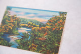 Angled view of vintage postcard landscape, showing blue river and lush, autumn-toned trees.