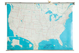 Vintage 1960s Hearne Brothers USA pull down map with blue oceans and red state lines.