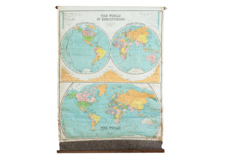 Antique Nystrom The World In Hemispheres Pull Down Map