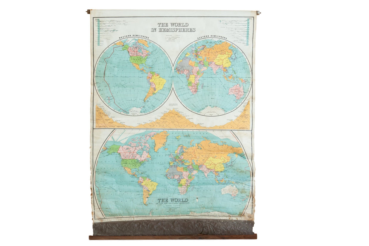 Antique Nystrom The World In Hemispheres Pull Down Map