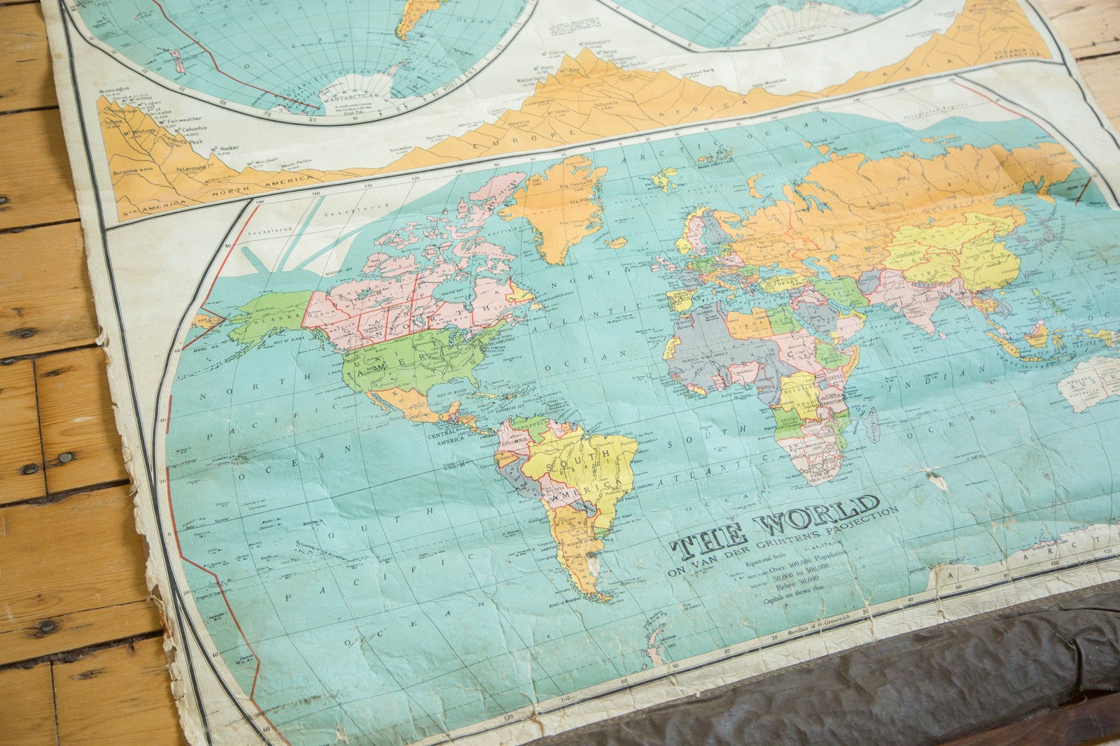 Antique Nystrom The World In Hemispheres Pull Down Map