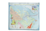 Vintage 1970s Canadian history map detailing linguistic stocks and early explorer paths.