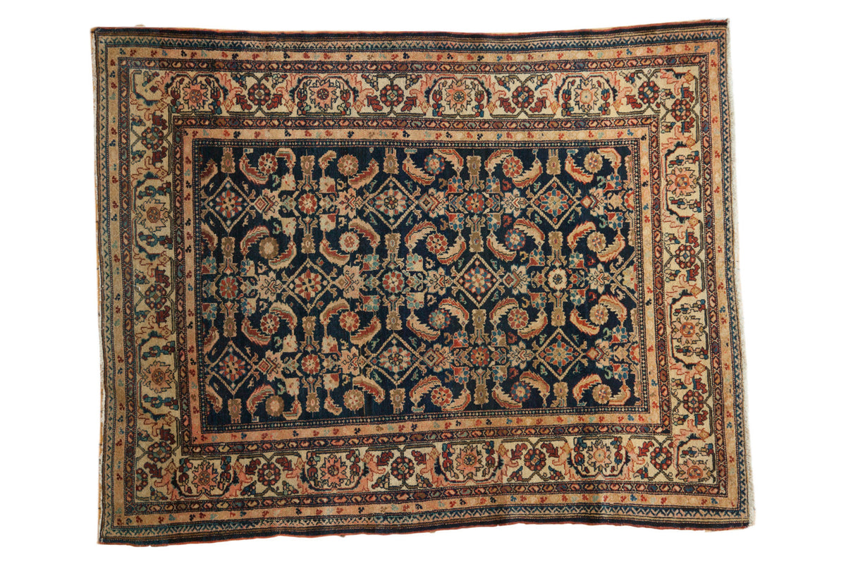Vintage Persian Malayer rug with allover Herati motif, dark indigo field, animals, and ivory border, 5'x6'2".