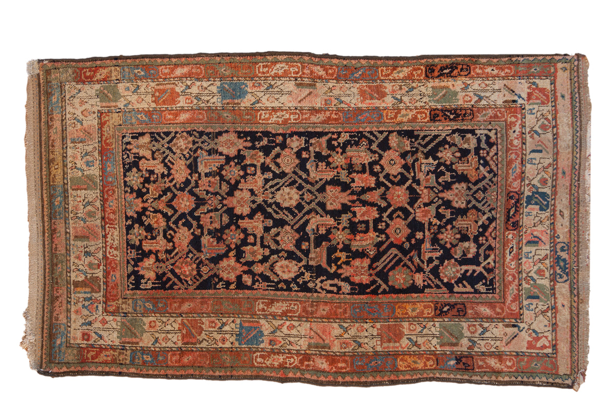 Vintage Kurdish rug, indigo blue field featuring Herati-style animals, terracotta borders. 4'1" x 6'8".