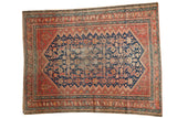 Vintage Persian Malayer rug, indigo blue Herati, blush red serrated borders, 5'4