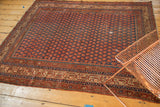 Antique Malayer rug corner, featuring Mir Serbend border with meandering vines in indigo, rust, ivory, and copper green.