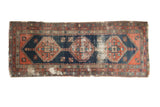 Antique Heriz runner with triple rectilinear stepped medallions, indigo, brick red, teal, 3'4