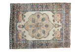 Antique Kerman rug, oversized quatrefoil medallion, floral spandrels in beige, blue, cochineal. 3'10