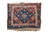 Antique Persian Jaff Kurd rug, geometric lattice panel design, sapphire blue, ruby red, emerald green.