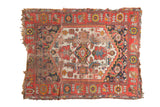 Antique Persian Malayer square rug: red and ivory Herati Mahi design, worn foundation visible.