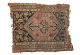 Antique Malayer rug with stepped medallion, rams horn design, blush and navy tones, tattered edges, 3'5