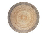 Round Hemp rug with natural light brown spiraling weave and a darker pewter border, 5 foot diameter.