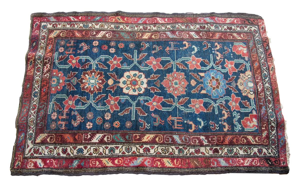 Dark blue vintage rug with geometric Caucasian Veramin floral pattern and animal figures, 3x4'8".