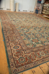 Antique Mahal carpet corner, Veramin design on rare green field, madder root red border.