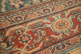 Intricate Veramin design detail on antique Persian Mahal, featuring madder red, ivory, blue abrashes.