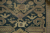 Antique Perpedil Caucasian field with geometric rams horn motifs, dusty teal, ivory, mauve.