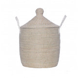 Medium Minimalist Lidded Fair Trade Basket, hand-woven beige seagrass with white woven stripes and twin handles.