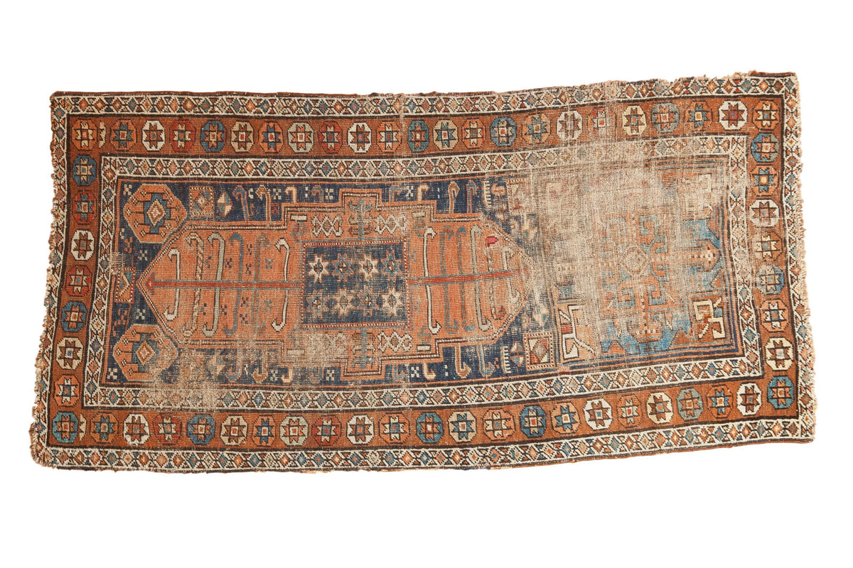 Antique Kurdish runner, asymmetric field, oblong and diamond medallions, coffee, indigo, terra cotta, ivory.